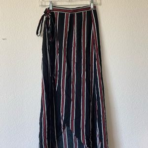 Striped Black and Red Tie Front Wrap Maxi Skirt